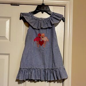 Cactus Blue Striped Kids Dress with Flamingo Embroidery